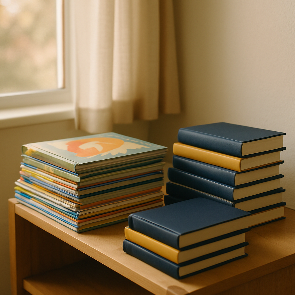 Children's learning books on a warm wooden shelf