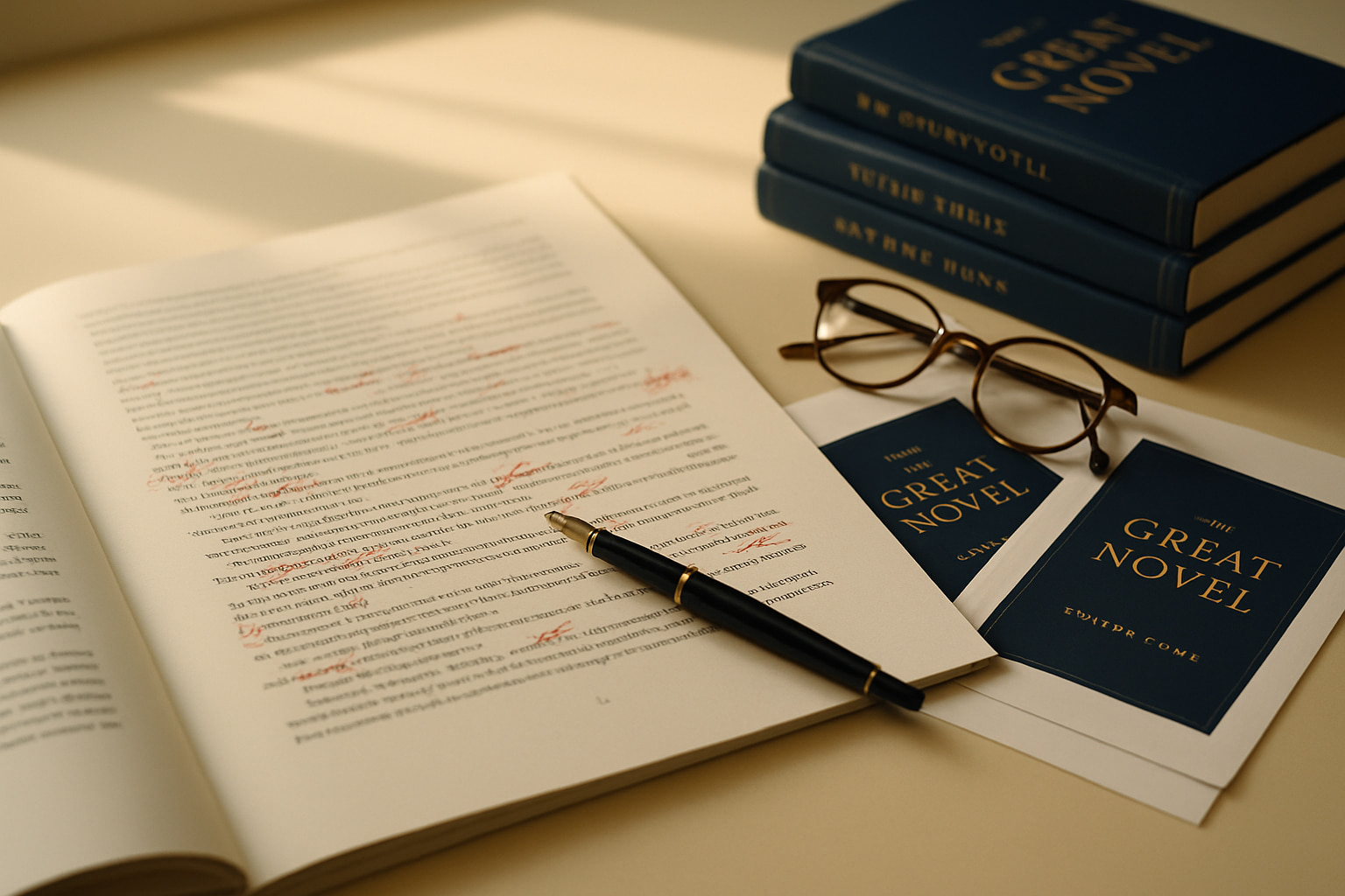 A professional editorial workspace with manuscripts and book proofs